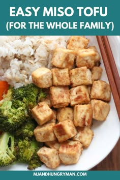 tofu, rice and broccoli on a plate with chopsticks