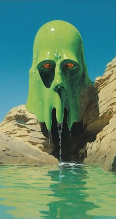 a green alien head sticking out of the water