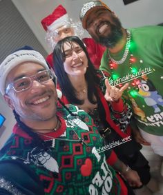 three people dressed up in ugly christmas sweaters