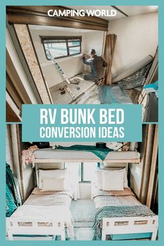 two beds in a small room with the words rv bunk bed convention ideas on it