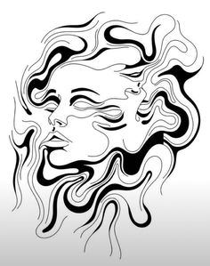 a drawing of a woman's face in black and white with swirls on it