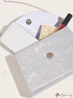 BirdinBag - Chic Square Bag with Glitter Flap Trendy Evening Bag With Glitter, Trendy Glitter Bags As Gifts, Trendy Glitter Bags For Gifts, Trendy Glitter Evening Bag, Rectangular Glitter Bag For Everyday Use, Rectangular Glitter Bags For Everyday Use, Silver Glitter Clutch Bag, Square Purse, Square Bag