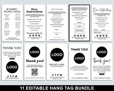 the 11 editable hang tag bundle is shown in black and white, with different font styles