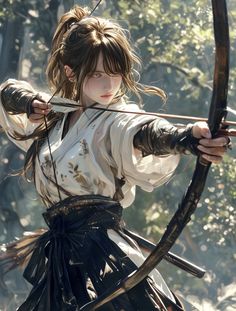 a woman with long hair holding a bow and arrow