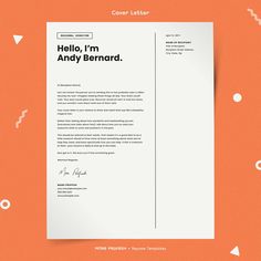 an orange and white cover letter with the words hello, i'm andy bernard