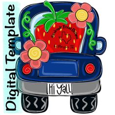 the back end of a blue car with flowers and an apple on it's hood