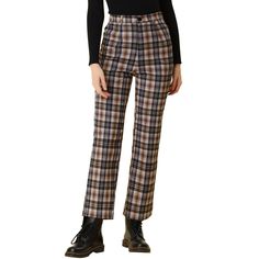 Style these trousers with a solid top for the ultimate look. With a zip and button fastening, these trousers sit at the point where style and practicality meet. How it is a bit high waist and how it gathers at the waist, adding shape to the body. Bolster your formal separates with a fashionable plaid style. Classic plaid pants feature a straight-fit leg for a relaxed vibe with work-to-weekend versatility. Plaid Trousers, Pants Brown, Work Trousers, Brown Outfit, Preppy Look, Plaid Fashion, Plaid Pants, Cropped Trousers, Womens Clothing Sizes