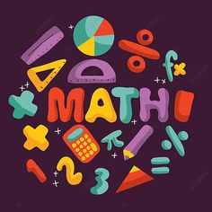 the word math is surrounded by various colorful objects on a purple background with black dots