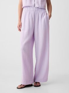 Mid Rise Crinkle Gauze Wide-Leg Pants | Gap Pj Pants Women, Cotton Gauze Pants, Gauze Pants, Crinkle Cotton, Pj Pants, The Gap, Petite Size, Wide Leg Trousers, Wide Leg Pants