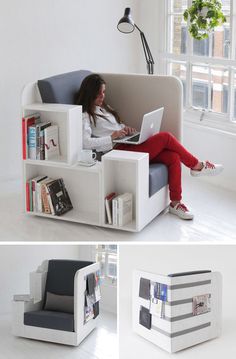 a woman sitting in a chair with a laptop on her lap and bookshelf next to her