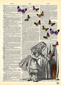 an old book page with a girl and butterflies flying over her head in the air