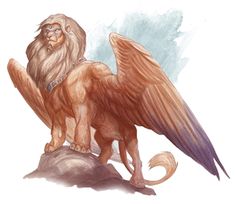 a drawing of a lion with wings on top of a rock