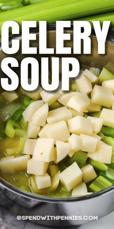 celery soup in a metal bowl with green beans and celery sticks