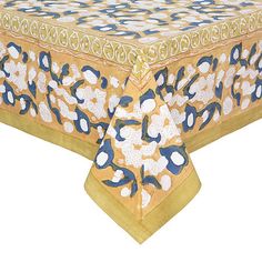 an image of a table cloth with blue and white designs on it's edges