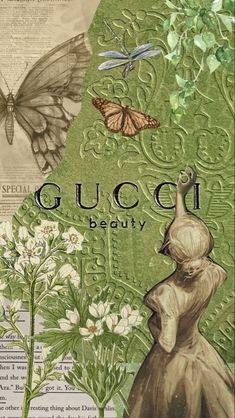 a collage of butterflies and flowers with the words guccii beauty on it