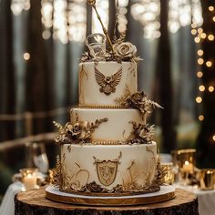 a three tiered wedding cake with gold decorations on the top and sides, sitting on a tree stump