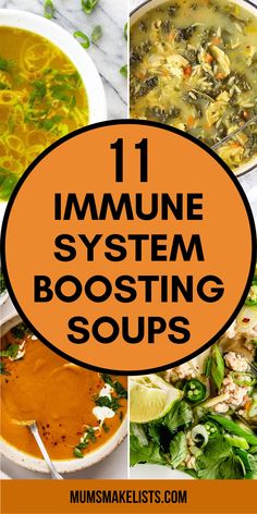 11 Immune system boosting soups on collage of soups Healthy Chicken Broth Soup, Soup Recipes Sickness, Healthy Simple Soup Recipes, Crockpot Soup Sick, Meals To Boost Immune System, Vegetarian Soup When Sick, Soup To Heal Colds, Soups To Help When Sick, Soups For After Surgery