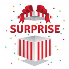 the logo for surprise is shown with red bows and confetti on top of it