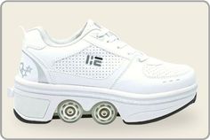 a pair of white shoes with wheels on them