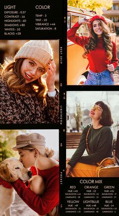 four different pictures of women with hats and sweaters, one is wearing a hat