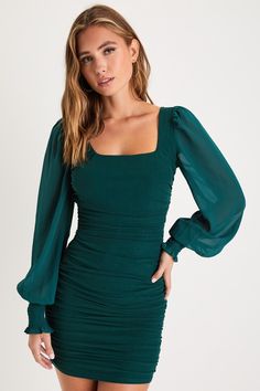 There's nothing better than feelin' fine and ready to party in the Lulus Perfect Sensation Dark Green Mesh Ruched Puff Sleeve Mini Dress! Slinky knit mesh (atop green knit lining) is ruched throughout this sexy bodycon dress that has a square neckline, a fitted bodice, and long puff sleeves with smocking at the cuffs. The figure-hugging skirt falls to an alluring mini hem. Hidden back zipper/clasp. Fit: This garment fits true to size. Length: Mid-thigh. Size medium measures 33" from shoulder to Hoco Dresses Tight Long Sleeve, Dark Green Hoco Dress, Long Sleeve Hoco Dress, Winter Ball Dresses, Green Hoco Dress, Fall Formal Dresses, Semi Dresses, Hoco Dresses Long Sleeve, Green Bodycon Dress