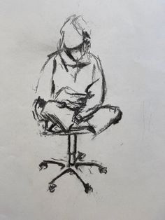 a black and white drawing of a person sitting on a chair