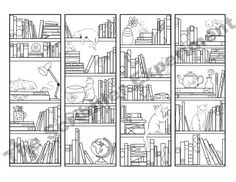 an open bookcase filled with books and cats in black and white coloring pages for kids