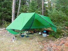 there is a green tent in the woods