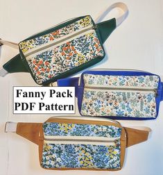 three fanny bags with different patterns on them and the text, fanny pack pdf pattern