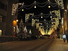 the street is decorated with christmas lights and decorations