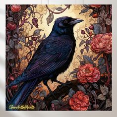 a painting of a black bird sitting on a branch with roses and leaves around it