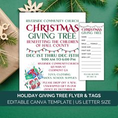 holiday giving tree flyer and tags with presents on the table next to christmas tree decorations