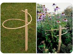 there are two different types of garden tools in the grass and one is made out of wood