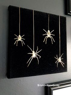 three white spideres hanging on a black wall