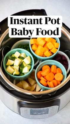 four bowls filled with different types of vegetables in an electric pressure cooker on a white counter top