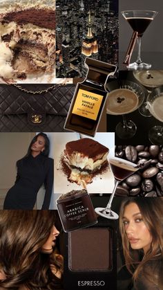 a collage of photos with chocolate, coffee and other things on it including an espresso