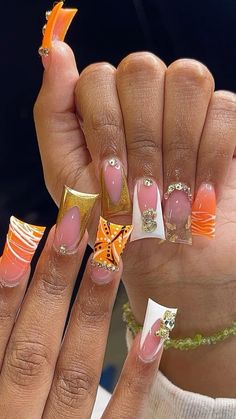 Tropical Duck Nails, Short Duckies Nails, Orange And Red Nails, Red Duck Nails, Tropical Nail Designs