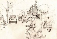 a drawing of a man riding a scooter down the street with traffic behind him