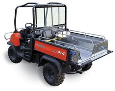 an orange and black utility vehicle with cage on the back, side by side against a white background