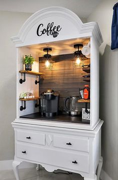 Wood cabinet repainted white. The inside turned into a coffee bar. Kitchen Pantry Ideas Cabinets, Coffee Bar Ideas, Coffee Bars, Coffee Bar Home, Kitchen Pantry Design, Kitchen Pantry Cabinets, Diy Furniture Renovation, Furniture Renovation