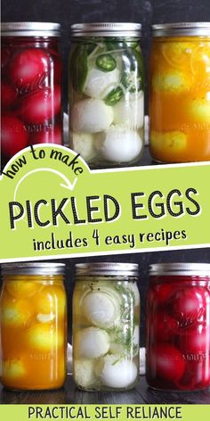 jars filled with pickled eggs sitting on top of a shelf next to each other