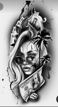 a drawing of a woman with money and palm trees on her head, in black and white