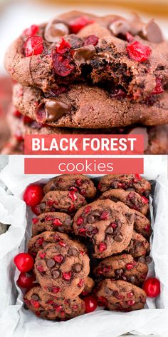 chocolate cookies with cherries are stacked on top of each other and the title reads black forest cookies