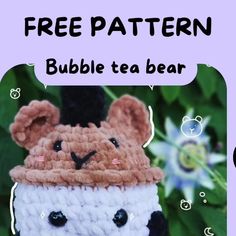 a crocheted teddy bear with a hat on it's head and the text free pattern bubble tea bear