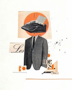 an illustration of a man in a suit with a typewriter on his lap top