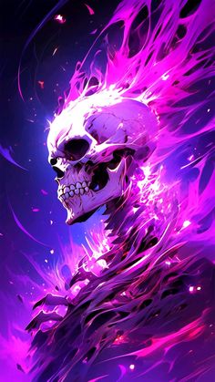 a skull with purple and pink hair on it's head, surrounded by fire