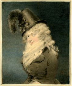 an old fashion portrait of a woman wearing a top hat and coat with a feather on her head