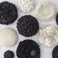 black and white paper flowers are arranged on the wall in different sizes, shapes and colors