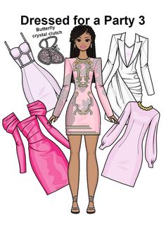 a paper doll is standing next to some dresses and purses on the floor with text that reads dressed for a party 3