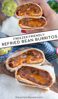 three burritos with the text freeze friendly refried bean burritos on top